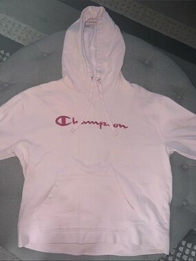 Champion Light Pink Hoodie with Dark Pink Script Logo